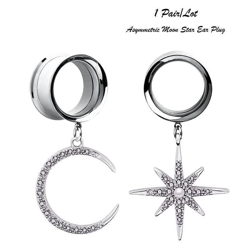 2 Pcs Star Moon Pendant Ear Tunnel Gauges Flesh Piercing Expander Earring