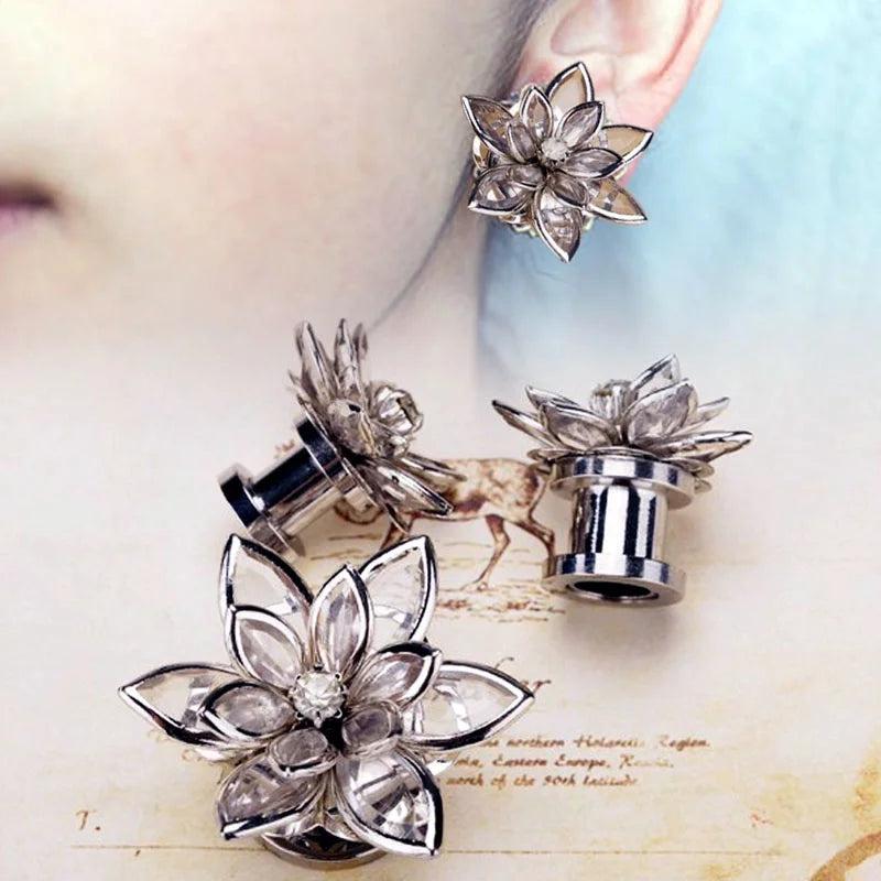 Crystal Flower Ear Tunnel Plugs Gauges Piercing Expander Earrings