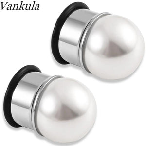 Vankula 2pc Ear Gauges Stainles Steel pearl Flared Plugs Tunnel Piercing