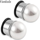 Vankula 2pc Ear Gauges Stainles Steel pearl Flared Plugs Tunnel Piercing