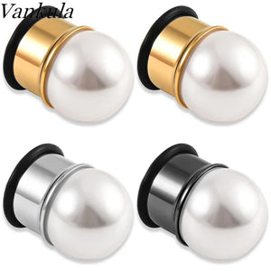 Vankula 2pc Ear Gauges Stainles Steel pearl Flared Plugs Tunnel Piercing