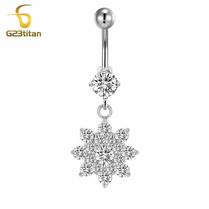 Zircon Flower Dangle Belly Button Rings Stainless Steel Navel Piercing
