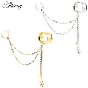 Moon Star Chain Ear Clip Stainless Steel Ear Tunnel Plug Expander