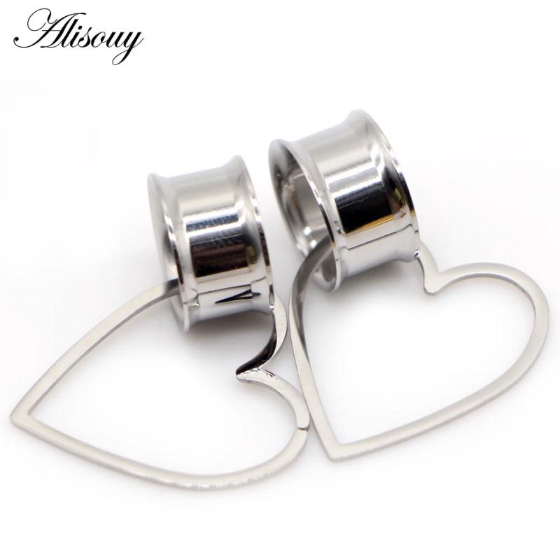2pcs Heart Shape Dangle Ear Plugs Stainless Steel Ear Gauges Tunnels