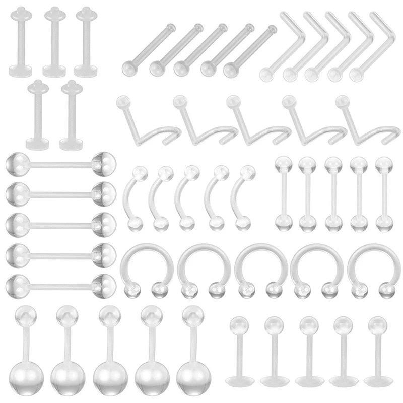 50pcs Acrylic Nose Ring Clear Tongue Barbell Navel Belly Nipple Piercing Set