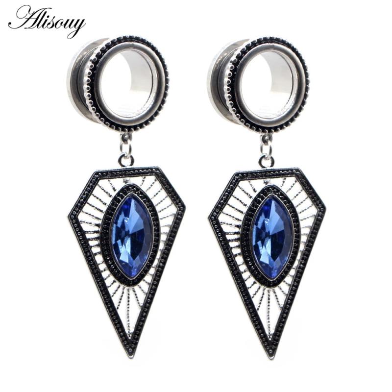 2pcs Retro Zircon Rhombus Dangle Stainless Steel Ear Plugs Tunnels