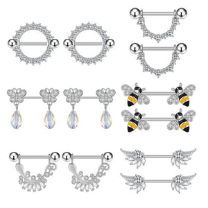 2pcs Stainless Steel Crystal Nipple Shield Cover Heart Flower Nipple Rings