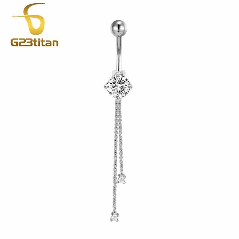 14G Titanium Barbell Belly Piercing Ring with Clear Zircon Tassel Navel Earring