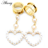 2pcs Pearl Zircon Heart Pendant Ear Tunnels Stainless Steel Plugs Body Jewelry