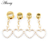 2pcs Pearl Zircon Heart Pendant Ear Tunnels Stainless Steel Plugs Body Jewelry