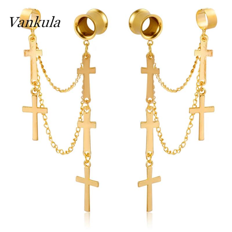 Vankula 2PCS Dangle Earrings Ear Plugs Stainless Steel Gauges Metal Chain Cross