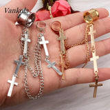 Vankula 2PCS Dangle Earrings Ear Plugs Stainless Steel Gauges Metal Chain Cross