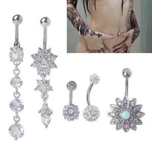 5Pcs Titanium Dangle Belly Button Ring Navel Curved Barbel CZ Stone Set
