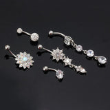 5Pcs Titanium Dangle Belly Button Ring Navel Curved Barbel CZ Stone Set