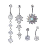 5Pcs Titanium Dangle Belly Button Ring Navel Curved Barbel CZ Stone Set