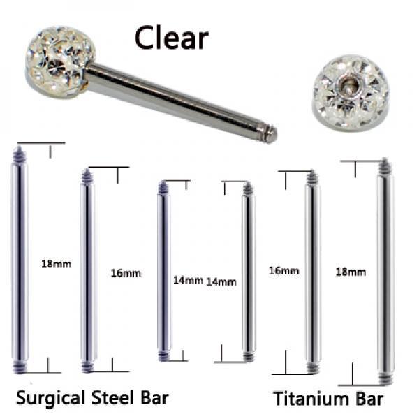 1PC Steel/Titanium Tongue Ring Piercing Ferido Crystal Ball Straight Barbell 14g