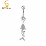 Gothic Fish Bone Belly Button Rings Silver Plated Crystal Dangle Belly Piercing