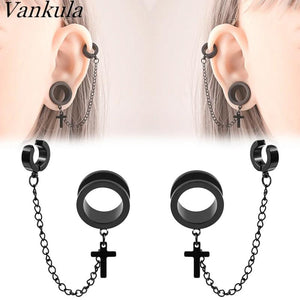 Vankula Chain Cross Earrings Plugs Stainless Steel Ear Gauges