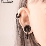 Vankula Chain Cross Earrings Plugs Stainless Steel Ear Gauges