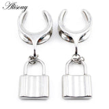 Stainless Steel Couple Lock Stone Pendant Ear Tunnel Plug Expander