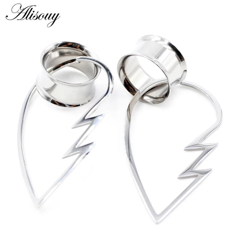 2PC Stainless Steel Heart Pendant Ear Plug Tunnel Gauges