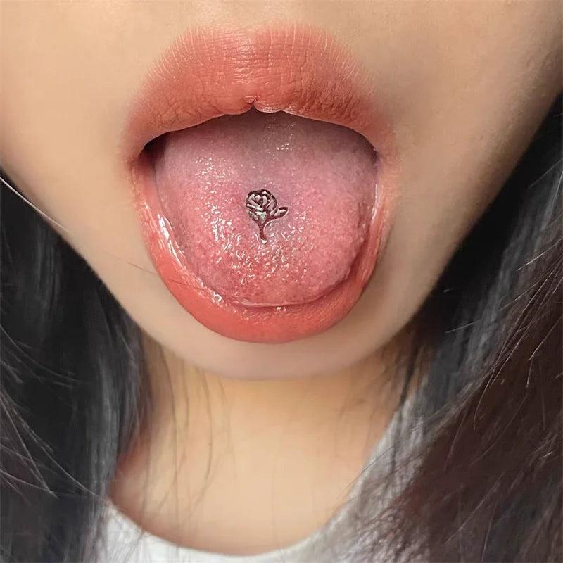 Titanium Steel Hollow Flowers Tongue Stud Piercing for Women Girls
