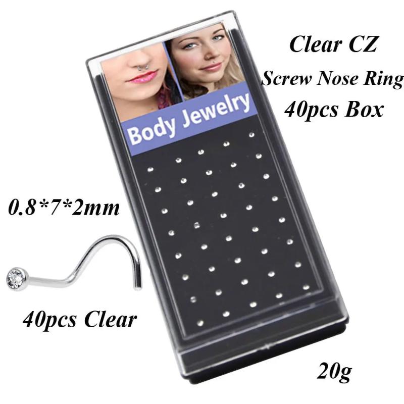 40pcs Stainless Steel Nose Screw Ring 20G Body Piercing Jewelry