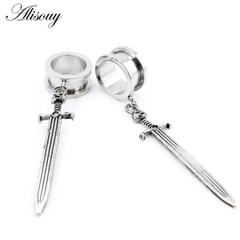2pcs Stainless Steel Cat Sword Cross Ear Tunnels Plugs