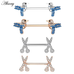 2pcs 14G Women Nipple Rings Bird Scissors Clear Zircon Barbell Body Jewelry