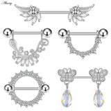 Stainless Steel Crystal Nipple Barbell Heart Flower Shield Cover Rings