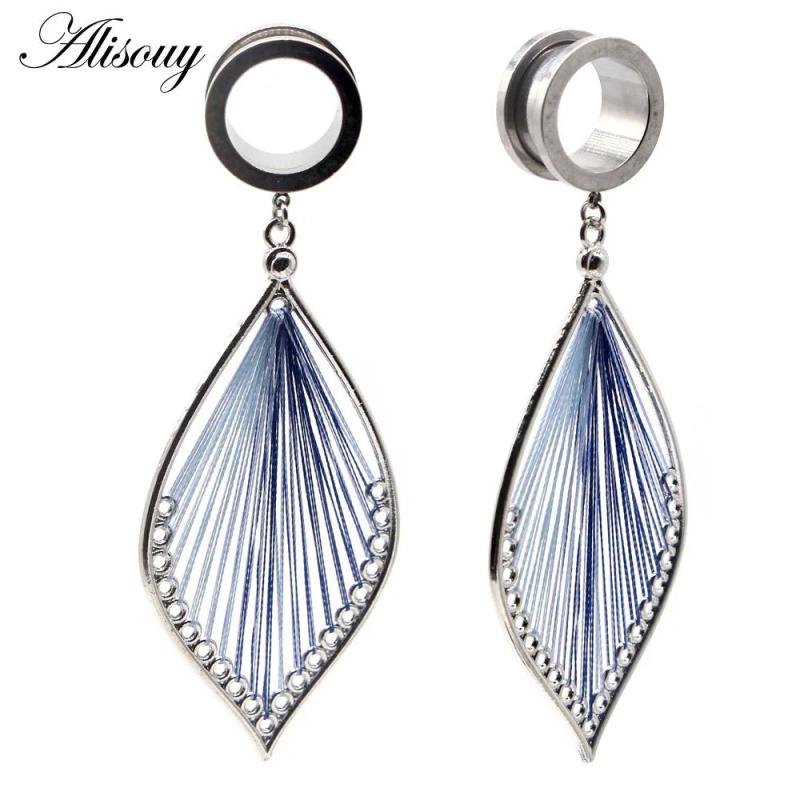 2pcs Ear Plugs Tunnel Gauges with Leaf Dangle Stainless Steel Expander