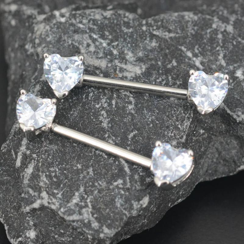 2Pcs Clear Heart Nipple Barbell Piercing Jewelry 14G 16mm Stainless Steel