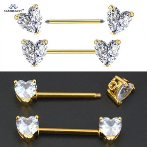 2Pcs Clear Heart Nipple Barbell Piercing Jewelry 14G 16mm Stainless Steel