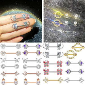 2pcs Stainless Steel Crystal Nipple Shield Tiger Flower Nipple Rings