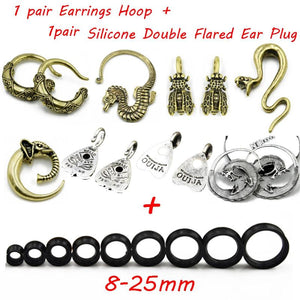 Tribal Brass Earrings Hoop & Silicone Double Flared Ear Taper Plug