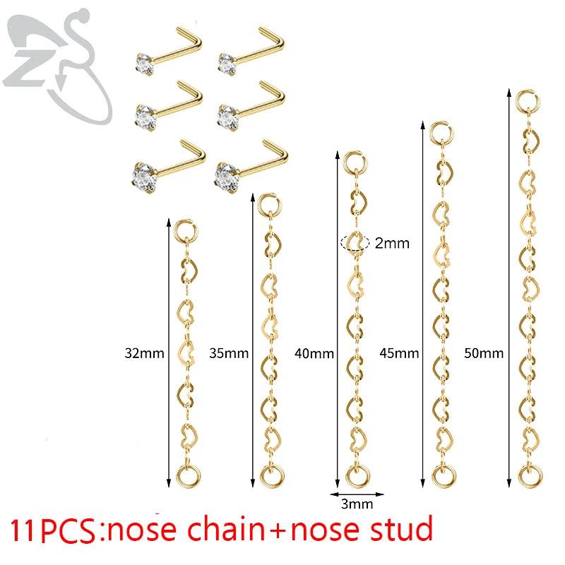 Red Crystal Double Nose Chain 316L Stainless Steel Nostril Piercing
