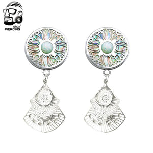 Opal Gem Pendant Ear Plugs Stainless Steel Fan Type Ear Stretched Rings