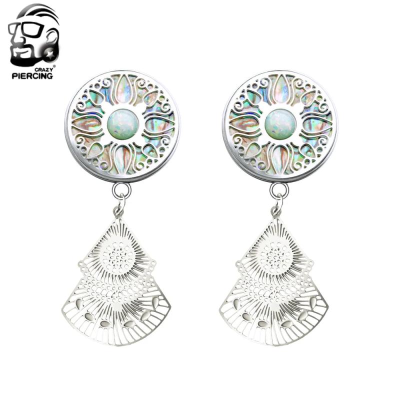 Opal Gem Pendant Ear Plugs Stainless Steel Fan Type Ear Stretched Rings