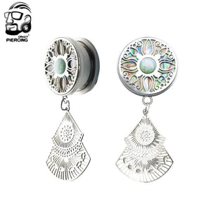 Opal Gem Pendant Ear Plugs Stainless Steel Fan Type Ear Stretched Rings