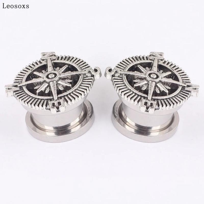 Leosoxs 2pcs Vintage Compass Ear Expander Piercing Ear Studs