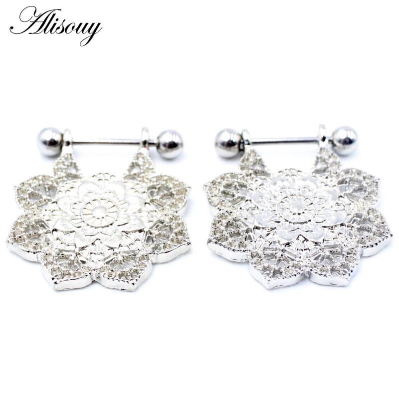2pcs Nipple Piercing Barbell Flower Dangle Shield Stainless Steel Body Jewelry