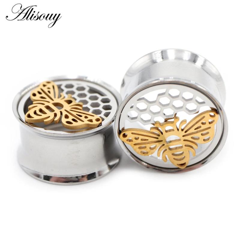 2PC Stainless Steel Bee Ear Piercing Tunnels Gauges Body Jewelry 8-25mm