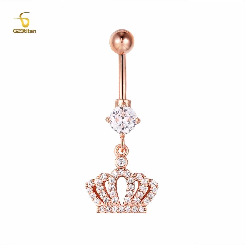 Zircon Crown Charms Dangle Navel Piercing Belly Button Ring 14G