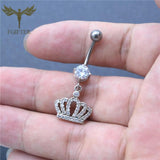 Zircon Crown Charms Dangle Navel Piercing Belly Button Ring 14G
