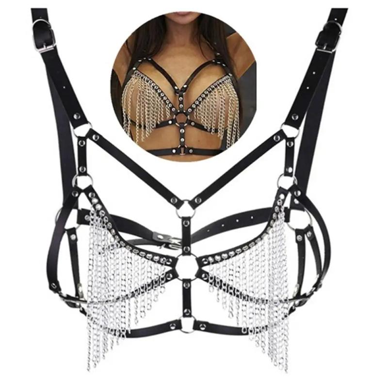 Women Leather Chest Harness Bra Body Chain Belt Tassel Waist Chain Punk