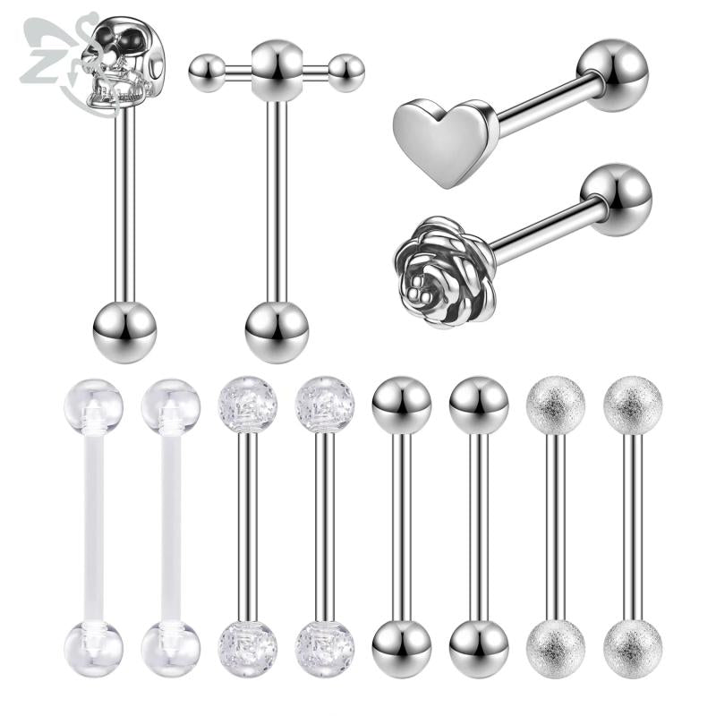12pcs 14g Stainless Steel Tongue Ring Set, Flower Skull Shape Tongue Piercings