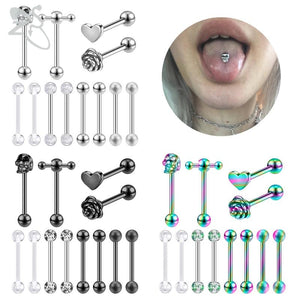 12pcs 14g Stainless Steel Tongue Ring Set, Flower Skull Shape Tongue Piercings