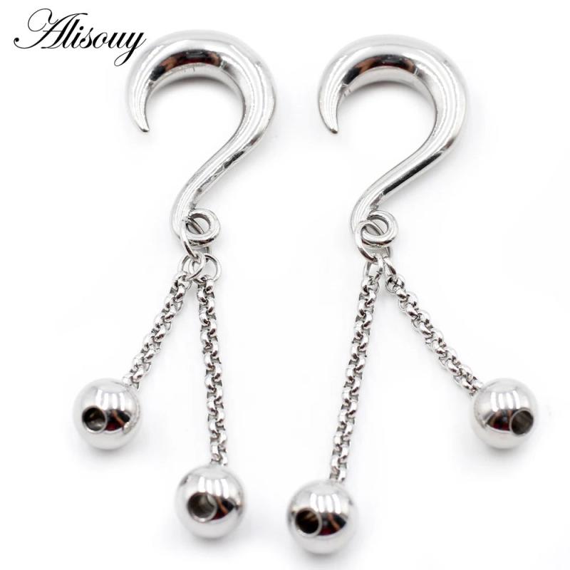 2pcs Stainless Steel Chain Ball Hook Earring Plugs Tunnels Expander