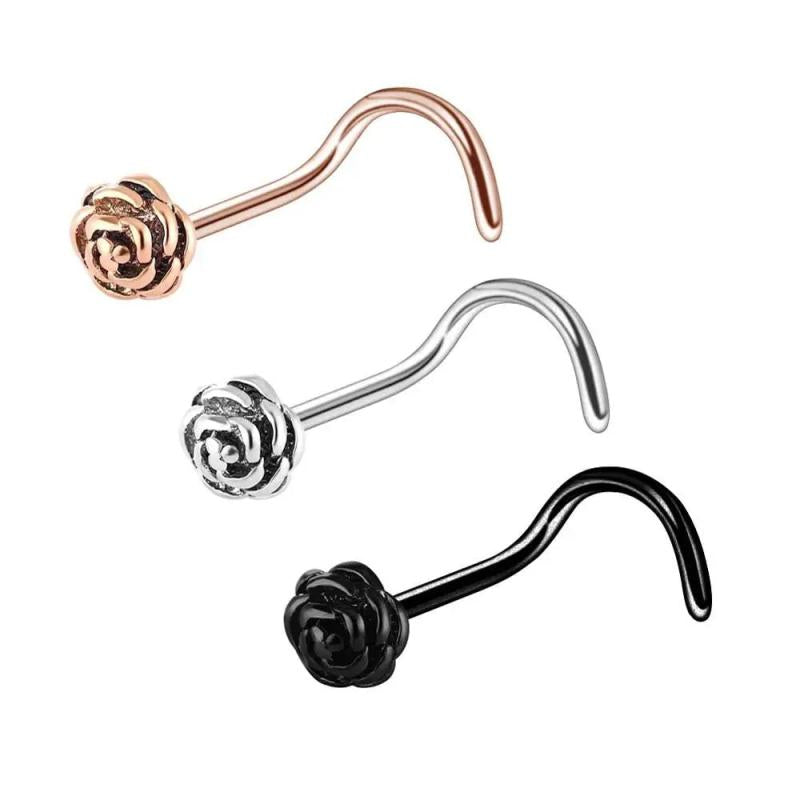3pcs 18G Rose Flower Nose Hoop Stud Piercings 316L Stainless Steel Body Jewelry