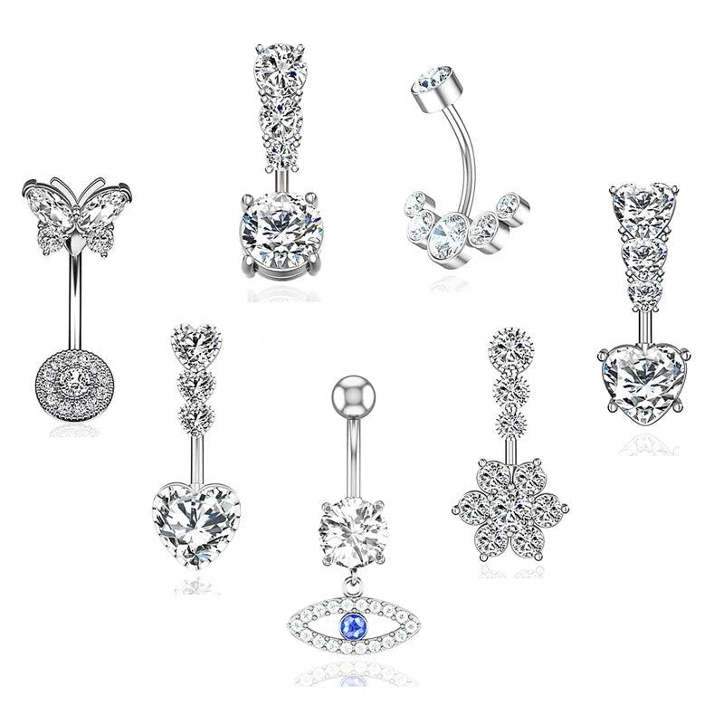 7pcs Heart Crystal CZs Belly Navel Ring Set